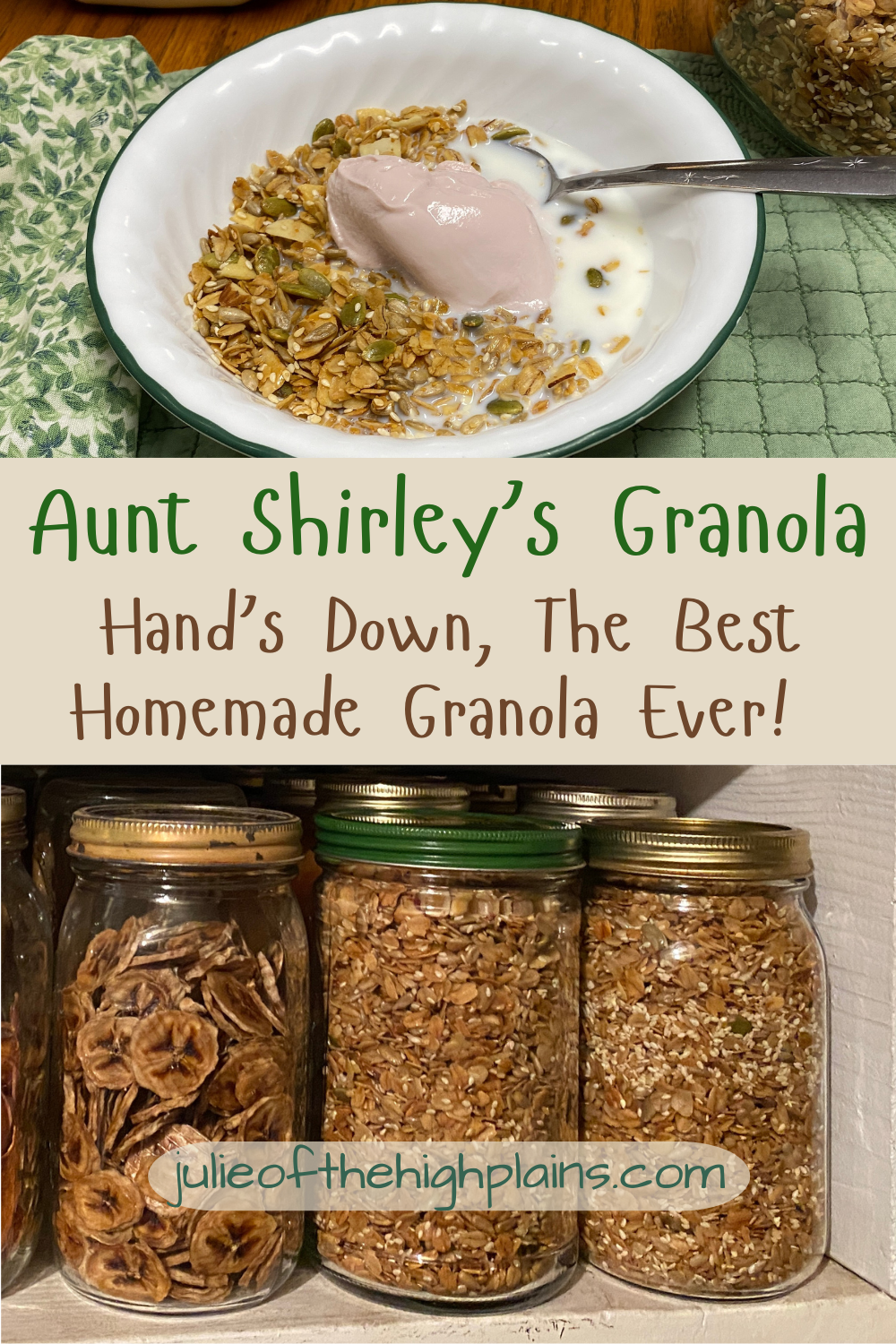 A photo of a bowl of granola with a dallop of yogurt on top. and some quart jars on the pantry shelf full of granola.